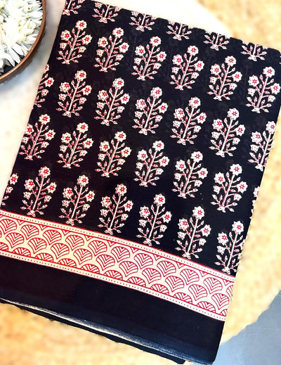 Bagru Print Mulmul Cotton Saree – Black with Pink Floral Booti and Paisley Border | Skin-Friendly Cotton Saree | KRISA Collections