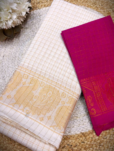 Cream Sungudi Cotton Saree with Gold Peacock Border | Kerala Kasavu Style Checked Saree with Contrast Blouse | Traditional Onam Saree