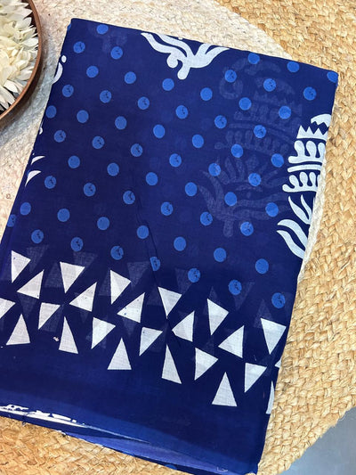 Bagru Print Mulmul Cotton Saree – Indigo Blue and White Floral & Geometric Print | Skin-Friendly Cotton Saree | KRISA Collections