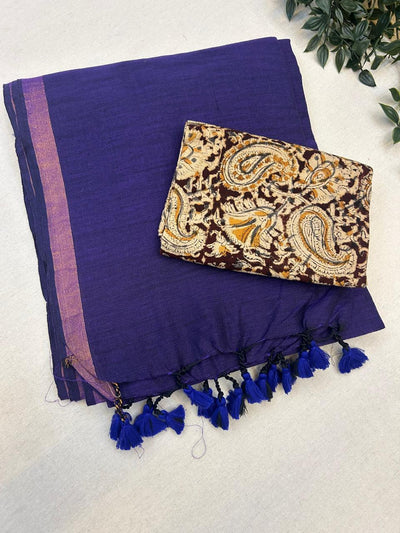Blue Khadi Cotton Saree With Blouse | Extra Kalamkari Blouse|Lightweight Handloom Cotton Saree | KRISA