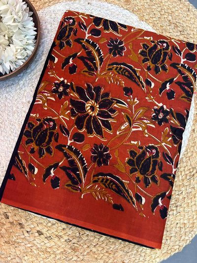 Kalamkari Print Mulmul Cotton Saree – Black with Rust Floral Border and Pallu with Blouse | Skin-Friendly Cotton Saree | KRISA Collections