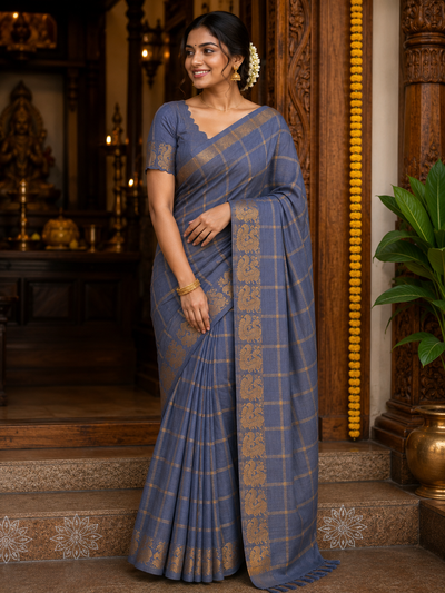 Pavithra Kattam Sungudi Cotton Saree with Gold Zari Checks & Peacock Border