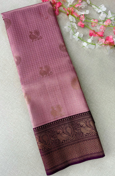 Premium Dusty Rose Pink Kanchipuram Silk Saree with Rich Maroon Peacock Zari Border | Elegant Budget-Friendly Traditional Saree | KRISA COLLECTIONS