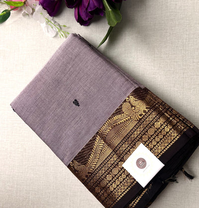 Premium Ash Grey Kanchi Cotton Saree with Black Antique Zari Border | KRISA COLLECTIONS