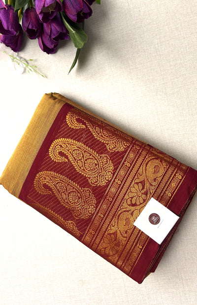 Golden Yellow Silk Saree with Maroon-Gold Zari Paisley Borde | KRISA COLLECTIONS