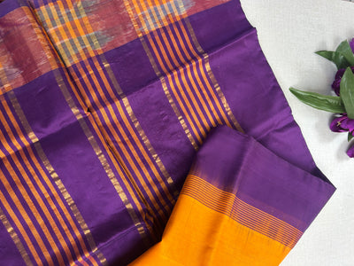 Pure Silk Cotton Handloom Saree – Mustard Yellow with Purple Pallu and Pochampally Ikat Border|Krisa Collections