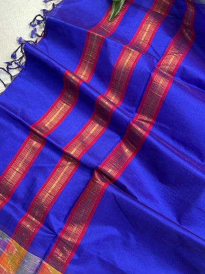 Pure Silk Cotton Handloom Saree – Royal Blue with Red Pallu and Pochampally Ikat Border|Krisa Collections