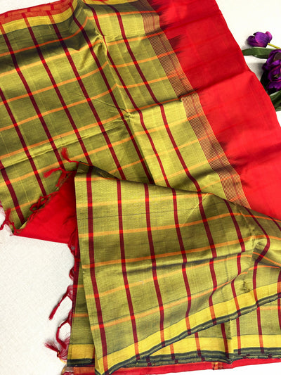 Pure Silk Cotton Kanchipuram Saree in Mustard Yellow Check with Red Border
