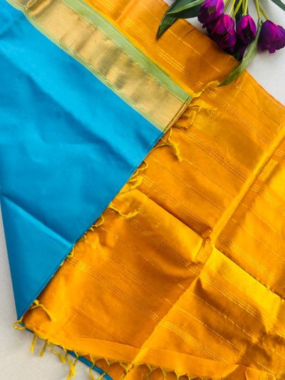 Turquoise Blue Kanchipuram Silk Cotton Saree with Mustard Yellow Zari Pallu | Pure Handloom Kanjivaram Saree with Gold Border | Traditional Festive Saree