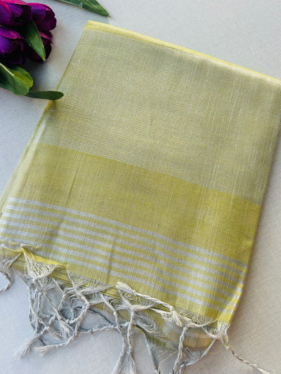 Lime Green Khadi Cotton Saree with Silver Zari Border | Saree with Striped Pallu | Pastel Green Everyday Saree