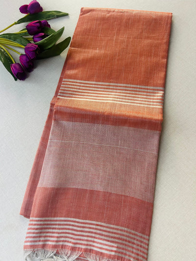 Rust Orange Khadi Cotton Saree with Silver Zari Border | Saree with Striped Pallu | Rust Copper Tone Everyday Saree