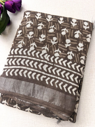 Brown Block Print Linen Saree with Tribal Motif Design | Bagru Print Saree with Chevron Border | Everyday Ethnic Linen Saree
