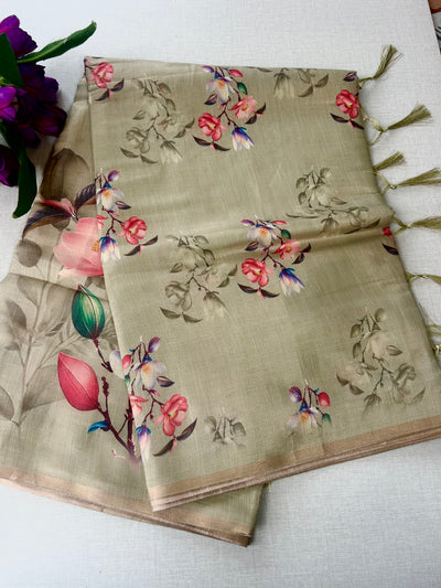 Digital print pale green linen saree with floral print blose|krisa collections Aadi Offer!