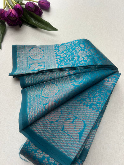 Premium Peacock Blue Soft Silk Saree with Rich Silver Zari Weaving & Running Blouse |Aadi Offer Sale|| KRISA COLLECTIONS
