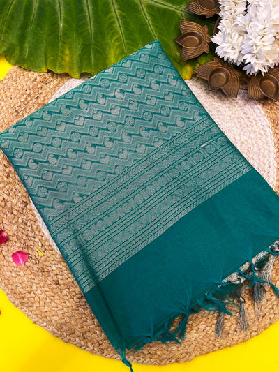 Premium Teal Blue Silk Cotton Saree with Silver Zari Border & Blouse | KRISA Collections