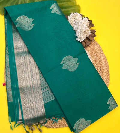 Premium Teal Blue Silk Cotton Saree with Silver Zari Border & Blouse | KRISA Collections