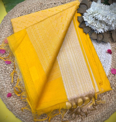 Premium Yellow Silk Cotton Saree with Silver Zari Border | Soft Saree for Women | KRISA Collections
