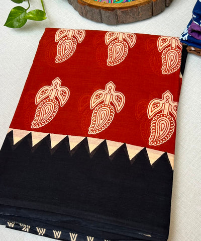 Ajrakh Print Mulmul Cotton Saree – Rust Red and Black with Paisley Motifs| Skin-Friendly Cotton Saree | KRISA Collections
