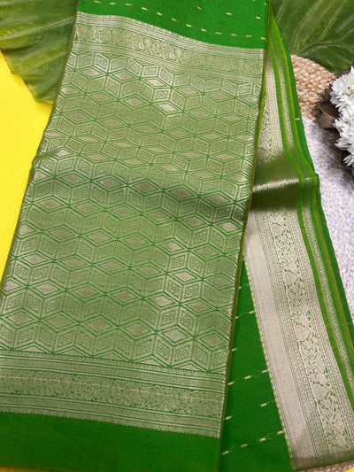 Green Handloom Cotton Silk Saree with Silver Zari Border | Elegant Traditional Saree for Office & Festive Wear | Krisa Collections