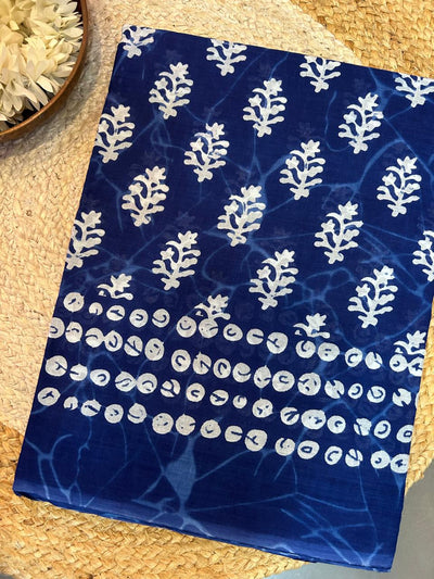 Batik Print Mulmul Cotton Saree – Indigo Blue with White Floral and Geometric Motifs | Skin-Friendly Cotton Saree | KRISA Collections
