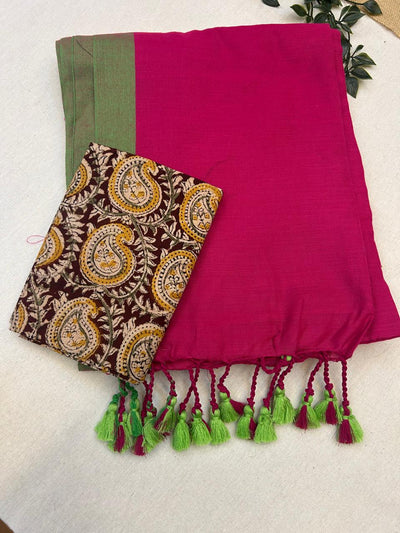 Pink Khadi Cotton Saree With Blouse | Extra Kalamkari Blouse|Lightweight Handloom Cotton Saree | KRISA