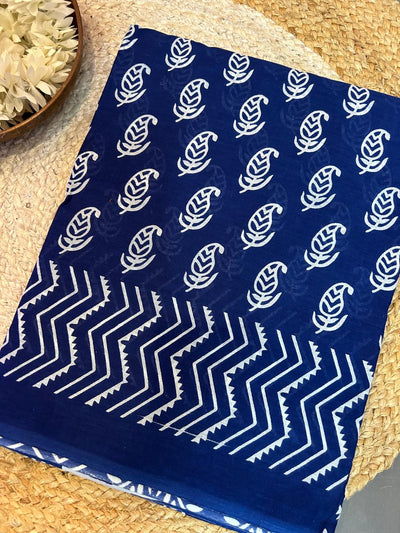Bagru Print Mulmul Cotton Saree – Indigo Blue with White Paisley and Wave Border Print| Skin-Friendly Cotton Saree | KRISA Collections