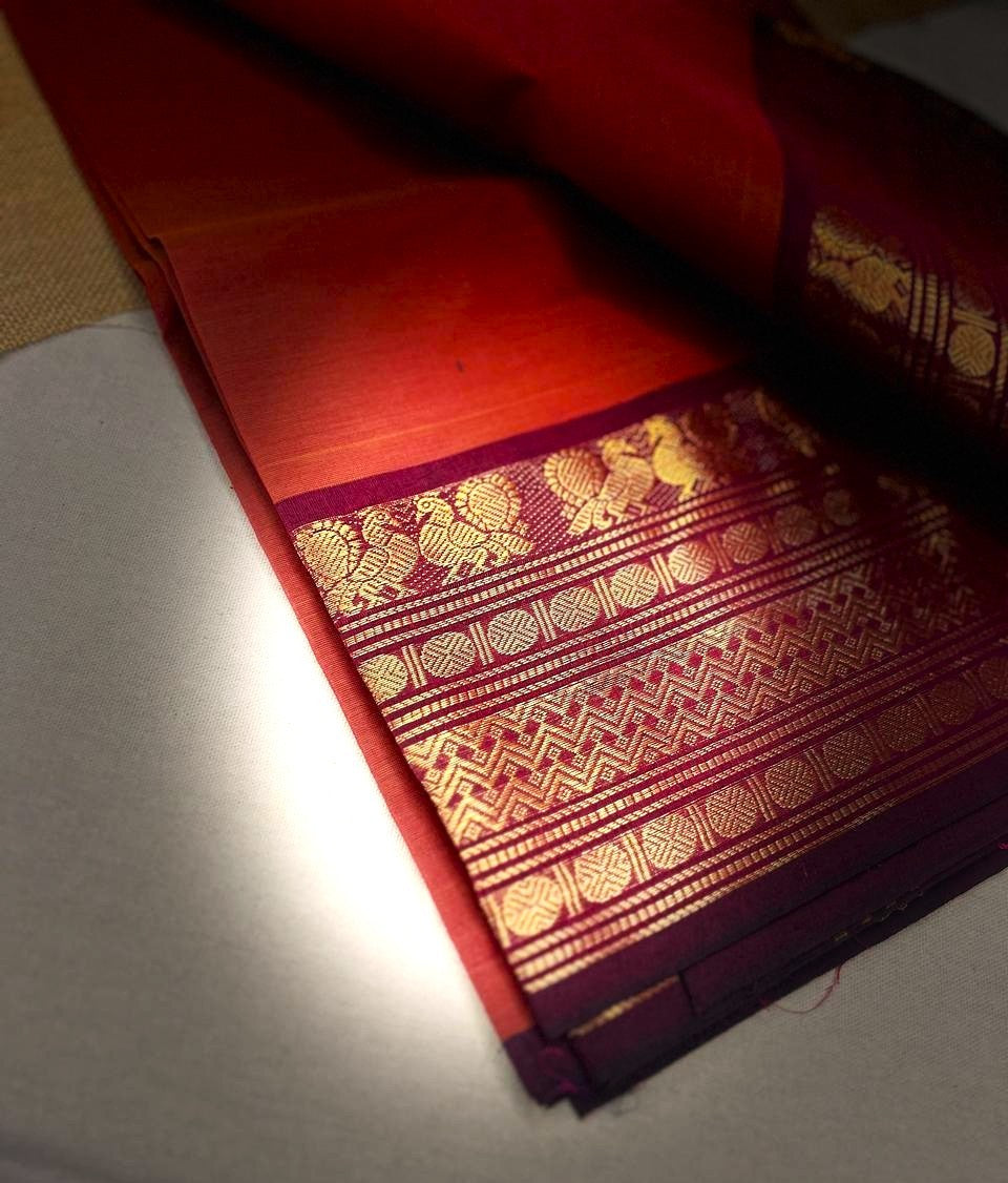 Chettinad Cotton Red Saree | only saree|Timeless Elegance – Krisa 006