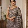 Brown Block Print Linen Saree with Tribal Motif Design |  Bagru Print Saree with Chevron Border | Everyday Ethnic Linen Saree