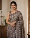 Brown Block Print Linen Saree with Tribal Motif Design |  Bagru Print Saree with Chevron Border | Everyday Ethnic Linen Saree
