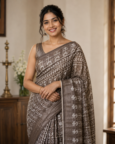 Brown Block Print Linen Saree with Tribal Motif Design |  Bagru Print Saree with Chevron Border | Everyday Ethnic Linen Saree