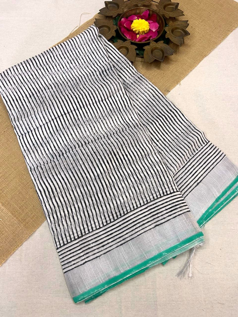 Bagru Handblock print Linen Saree with attached Blouse 777B01