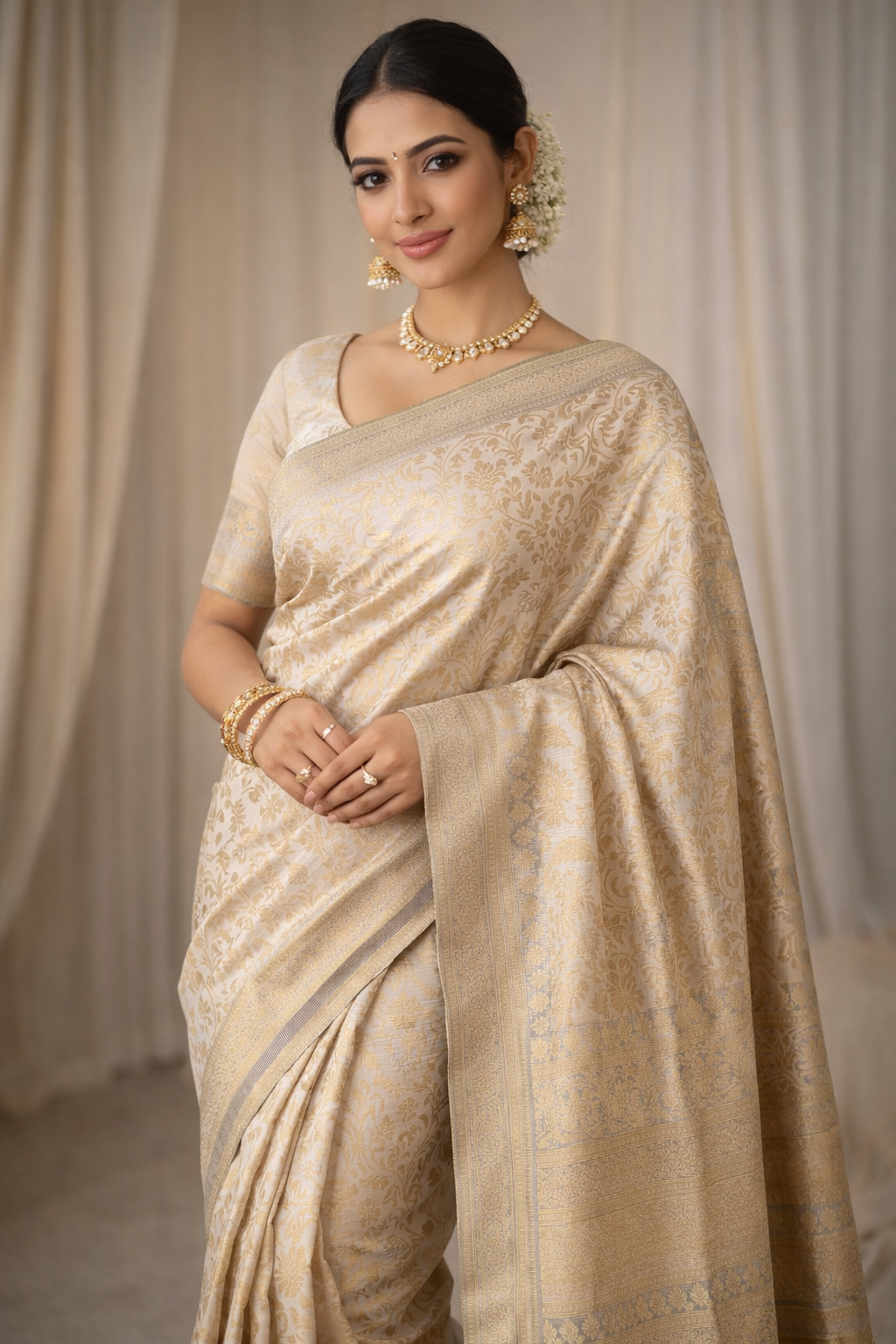 Champagne Ivory Zari Woven Saree – Luxury Festive Collection |KSR502| KRISA