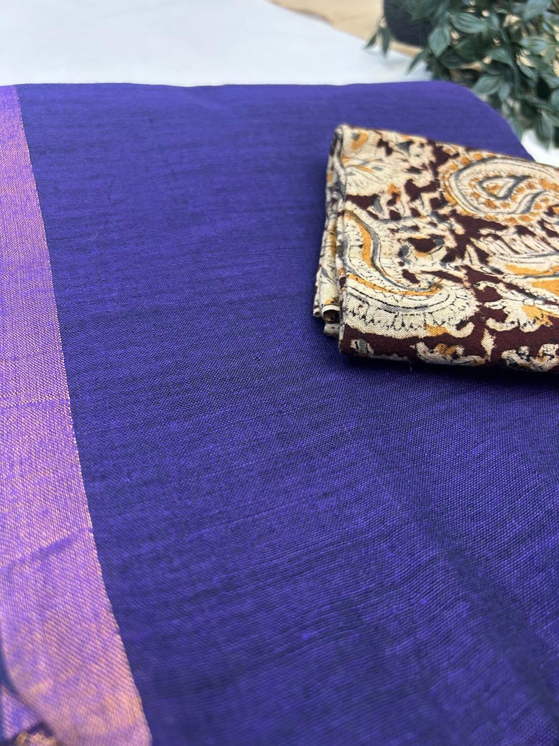 Blue Khadi Cotton Saree With Blouse | Extra Kalamkari Blouse|Lightweight Handloom Cotton Saree | KRISA