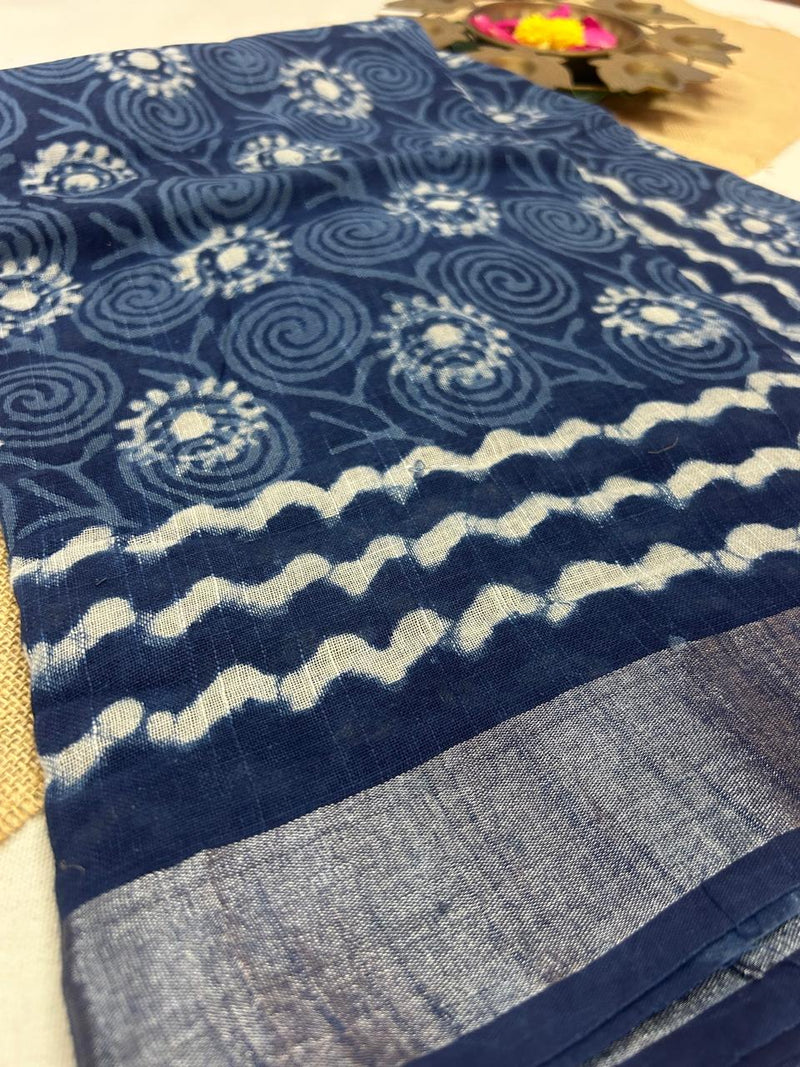 Bagru Handblock print Linen Saree with attached Blouse 777B03