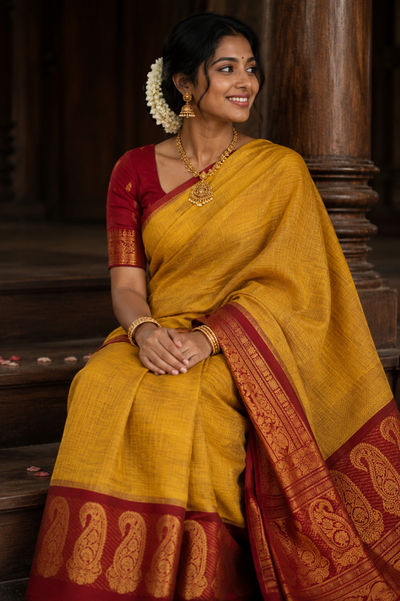Golden Yellow Silk Saree with Maroon-Gold Zari Paisley Borde | KRISA COLLECTIONS