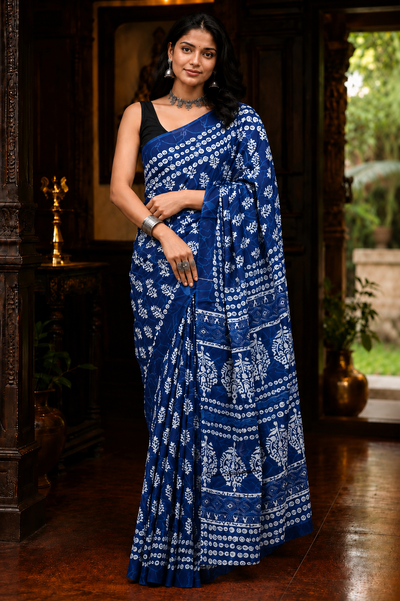 Batik Print Mulmul Cotton Saree – Indigo Blue with White Floral and Geometric Motifs | Skin-Friendly Cotton Saree | KRISA Collections