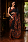 Kalamkari Print Mulmul Cotton Saree – Black with Rust Floral Border and Pallu with Blouse | Skin-Friendly Cotton Saree | KRISA Collections