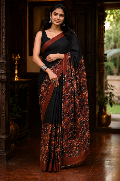 Kalamkari Print Mulmul Cotton Saree – Black with Rust Floral Border and Pallu with Blouse | Skin-Friendly Cotton Saree | KRISA Collections