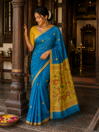 Elegant Blue Shimmer Tissue Saree with Floral Printed Pallu | KRISA COLLECTIONS