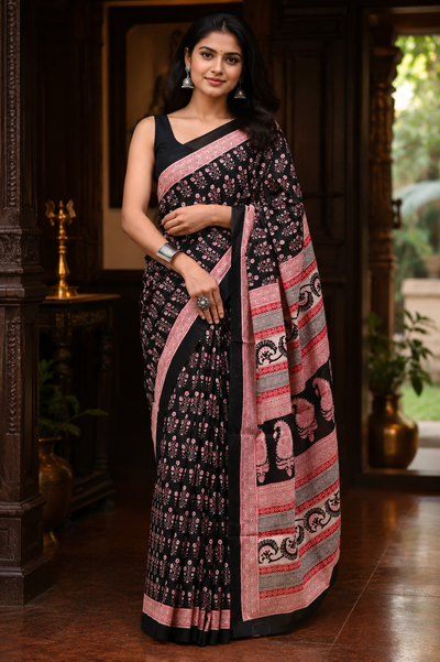 Bagru Print Mulmul Cotton Saree – Black with Pink Floral Booti and Paisley Border | Skin-Friendly Cotton Saree | KRISA Collections