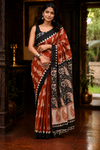 Ajrakh Print Mulmul Cotton Saree – Rust Red and Black with Paisley Motifs| Skin-Friendly Cotton Saree | KRISA Collections