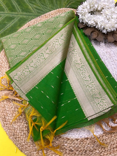 Green Handloom Cotton Silk Saree with Silver Zari Border | Elegant Traditional Saree for Office & Festive Wear | Krisa Collections