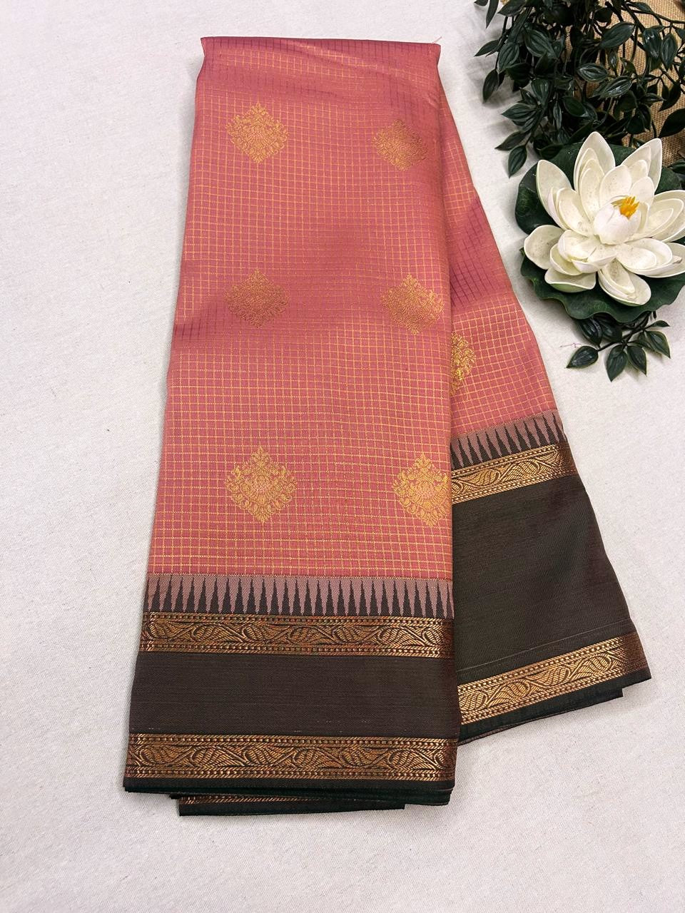 Peach-Pink Silk Saree with Black-Gold Zari Checked Body & Temple Border|Kanchipuram Handloom Silk|Krisa Collections