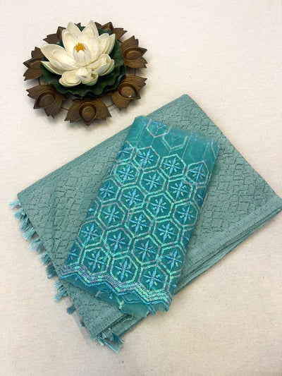 Sky Blue Netted Georgette Saree with Blue Sequin Embroidered Blouse — Party & Festive Wear | Krisa Collections
