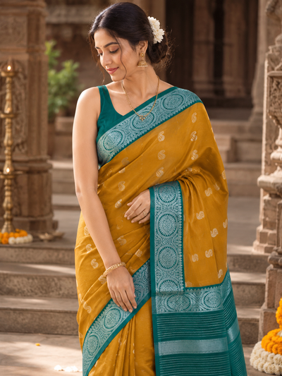 Mustard Gold with Teal Green Temple Border and Silver Zari Buttis saree|Krisa Collection