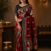 Maroon Mulmul Silk Saree with Warli Print | Tribal Village Motif Saree | Ethnic Rustic Art Saree with Black Zari Border