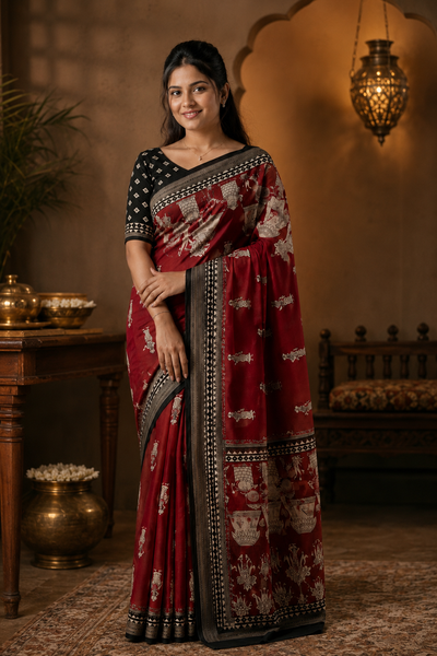 Maroon Mulmul Silk Saree with Warli Print | Tribal Village Motif Saree | Ethnic Rustic Art Saree with Black Zari Border