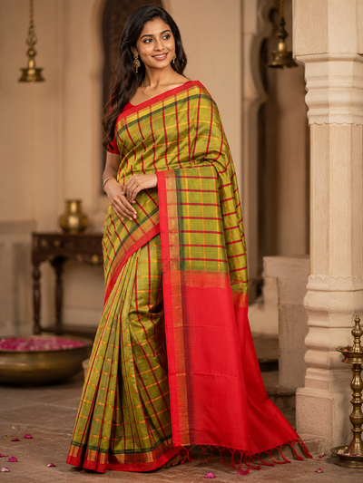 Pure Silk Cotton Kanchipuram Saree in Mustard Yellow Check with Red Border