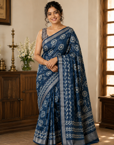 Indigo Blue Block Print Linen Saree with Spiral Motif Design |  Bagru Print Saree with Chevron Border | Silver Zari Edge Ethnic Saree