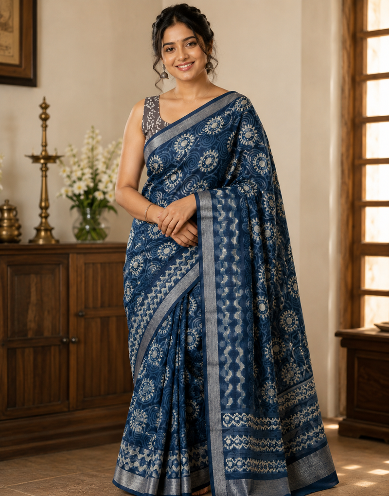 Indigo Blue Block Print Linen Saree with Spiral Motif Design |  Bagru Print Saree with Chevron Border | Silver Zari Edge Ethnic Saree